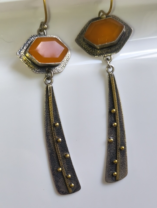 Artisan Jewelry - Artisan Orange Aventurine Hexagon Drop Earrings with Mixed Metal Accents Boho